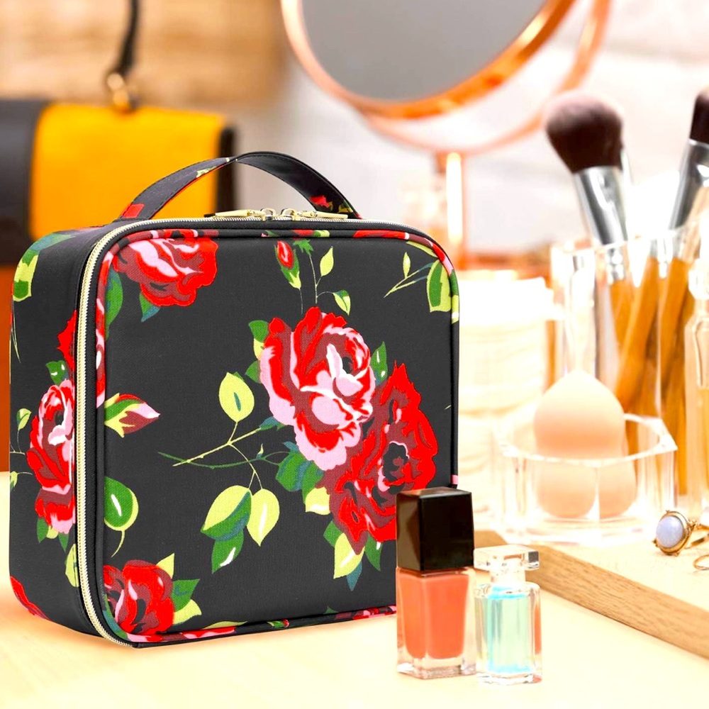Ibeacos Makeup Bag Travel Cosmetic Case Storage Organizer EUC floral rose print